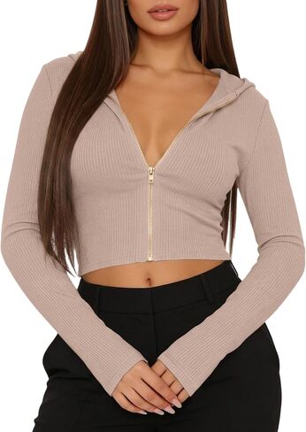 LovelyWholesale Womens Cropped Zip Up Hoodie Ribbed Knit Long Sleeve Crop Sweatshirt in Saudi Arabia