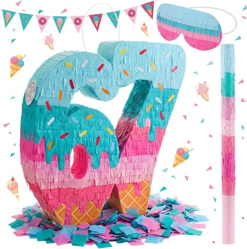 مجموعة Sanwuta 67 Ice Cream Piñata مع قناع وقصاصات معصوب العينين على شكل عصا الخفافيش، ديكور حفلات بطابع مثلجات متعدد الألوان، ورق مقوى متين، مثالي للاحتفال بعيد ميلاد الصيف، 16 × 13 × 3 بوصة in Kuwait