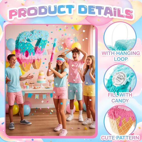 مجموعة Sanwuta 67 Ice Cream Piñata مع قناع وقصاصات معصوب العينين على شكل عصا الخفافيش، ديكور حفلات بطابع مثلجات متعدد الألوان، ورق مقوى متين، مثالي للاحتفال بعيد ميلاد الصيف، 16 × 13 × 3 بوصة in Kuwait