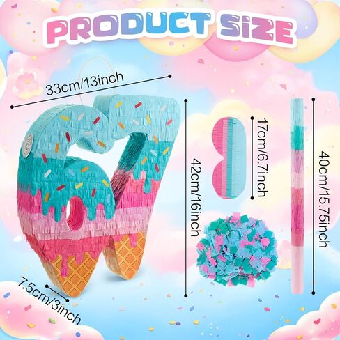 مجموعة Sanwuta 67 Ice Cream Piñata مع قناع وقصاصات معصوب العينين على شكل عصا الخفافيش، ديكور حفلات بطابع مثلجات متعدد الألوان، ورق مقوى متين، مثالي للاحتفال بعيد ميلاد الصيف، 16 × 13 × 3 بوصة in Kuwait