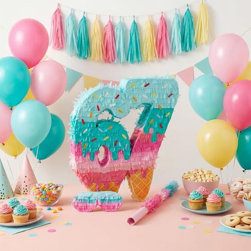 مجموعة Sanwuta 67 Ice Cream Piñata مع قناع وقصاصات معصوب العينين على شكل عصا الخفافيش، ديكور حفلات بطابع مثلجات متعدد الألوان، ورق مقوى متين، مثالي للاحتفال بعيد ميلاد الصيف، 16 × 13 × 3 بوصة in Kuwait