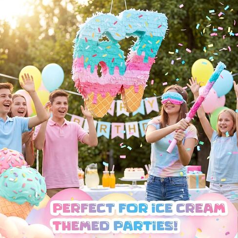 مجموعة Sanwuta 67 Ice Cream Piñata مع قناع وقصاصات معصوب العينين على شكل عصا الخفافيش، ديكور حفلات بطابع مثلجات متعدد الألوان، ورق مقوى متين، مثالي للاحتفال بعيد ميلاد الصيف، 16 × 13 × 3 بوصة in Kuwait