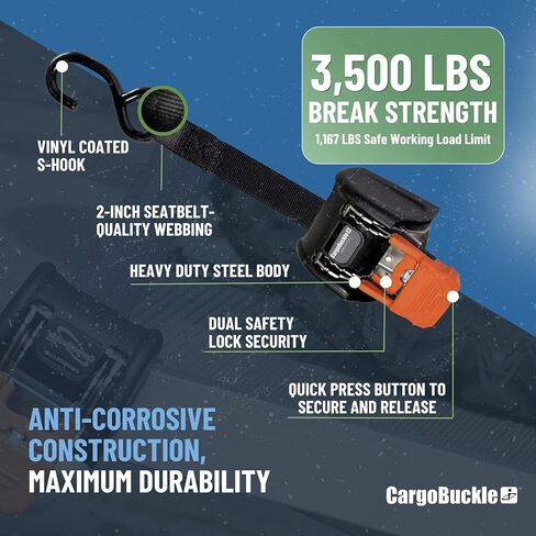 CargoBuckle G3 Bolt على أحزمة سقاطة قابلة للسحب شديدة التحمل، قوة كسر 3500 رطل، ربطات عنق للسيارات مقاس 2 بوصة × 6 أقدام للشاحنات، وأشرطة مقطورة البضائع لـ ATV وSxS، عبوتان in Kuwait