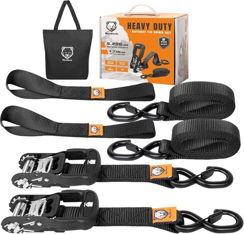4 Pack Ratchet Straps,Heavy Duty Powersports Tie Downs Load Straps,5208lbs Break Strength 1.5in x 8ft with Safety S Hooks and Soft Loops for Motorcycle Truck Cargo Roof Rack,Break Strength, Black in Kuwait