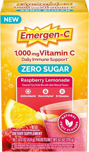 Emergen-C Zero Sugar 1000 mg Vitamin C Powder for Daily Immune Support Caffeine Free Vitamin C Supplements with Zinc and Manganese, B Vitamins and Electrolytes, Raspberry Lemonade Flavor - 36 Count in Saudi Arabia