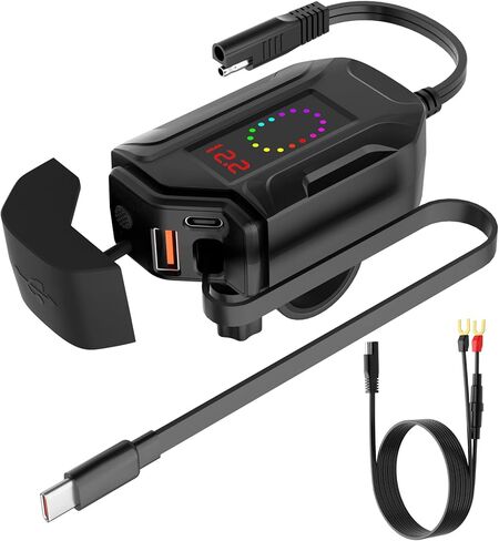 شاحن USB للدراجات النارية، نوع C قابل للسحب وشحن سريع USB مزدوج، مفتاح مستقل، محول SAE إلى USB 3 في 1 مع وصلة 1.5 متر، مقياس فولتميتر LED، مقاوم للماء للدراجة الترابية، ATV، UTV in Kuwait
