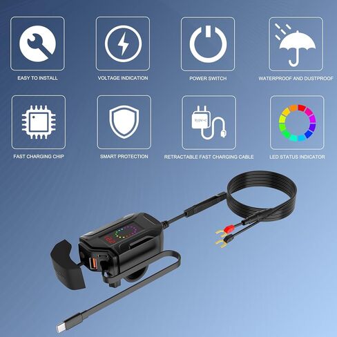 شاحن USB للدراجات النارية، نوع C قابل للسحب وشحن سريع USB مزدوج، مفتاح مستقل، محول SAE إلى USB 3 في 1 مع وصلة 1.5 متر، مقياس فولتميتر LED، مقاوم للماء للدراجة الترابية، ATV، UTV in Kuwait