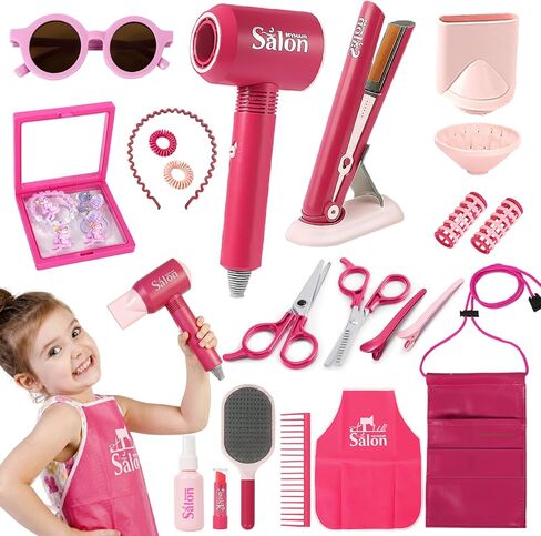 26PCS Hair Salon Toys for Girls Pretend Hair Styling Set for Kids 3-5 4-6, Role Play Dress Up Beauty Kit for Girls 5-7 6-8 with Sound and Lights, Birthday Gifts for Toddler Girls 3 4 5 6+ in Kuwait