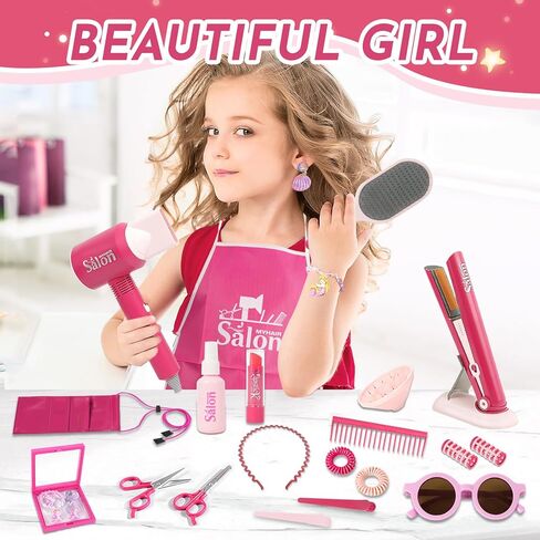 26PCS Hair Salon Toys for Girls Pretend Hair Styling Set for Kids 3-5 4-6, Role Play Dress Up Beauty Kit for Girls 5-7 6-8 with Sound and Lights, Birthday Gifts for Toddler Girls 3 4 5 6+ in Kuwait