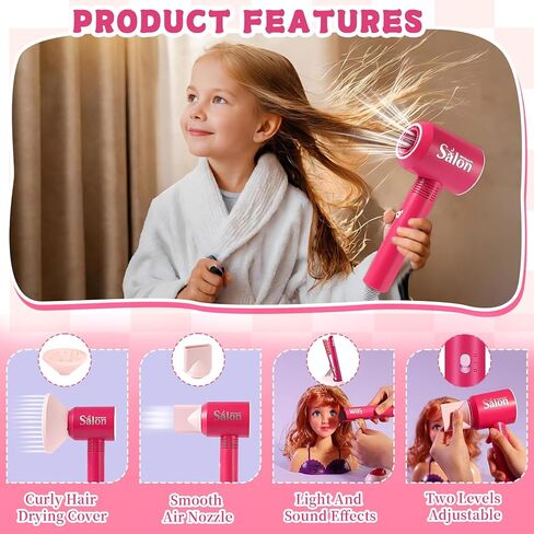 26PCS Hair Salon Toys for Girls Pretend Hair Styling Set for Kids 3-5 4-6, Role Play Dress Up Beauty Kit for Girls 5-7 6-8 with Sound and Lights, Birthday Gifts for Toddler Girls 3 4 5 6+ in Kuwait