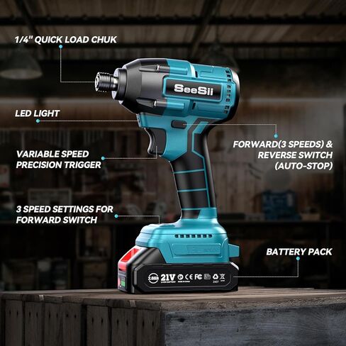 Seesii Impact Driver Kit، 21V Max Torque 1590In-lbs(180N.m) مجموعة مفك الصدمات اللاسلكي مع بطاريتين 2.0Ah، مثقاب صدمي بقوة 1/4 بوصة، سرعة متغيرة 0-2500 دورة في الدقيقة، 20 قطعة لقم الثقب، QH150 in Kuwait