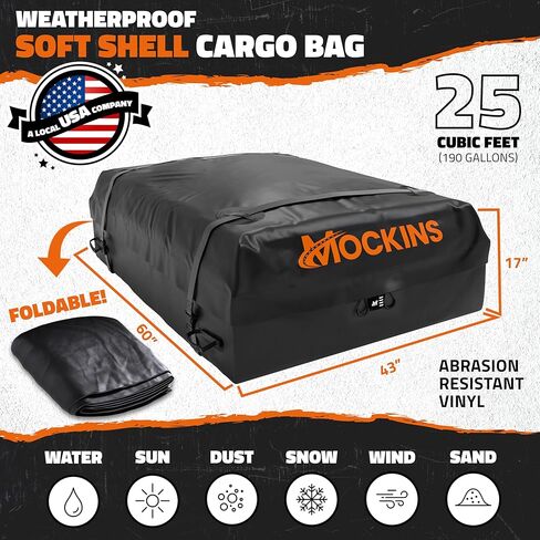 Mockins 25 CuFt Waterproof Rooftop Cargo Bag for Top of Car | 60"x43"x17" All-Weather 840D Vinyl Car Top Carrier Without Roof Rack | No Rack Rooftop Cargo Carrier Bag with Mat, Lock, Hooks & Straps in Kuwait