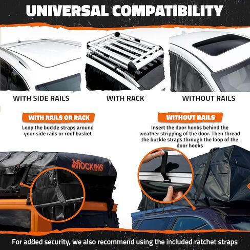 Mockins 25 CuFt Waterproof Rooftop Cargo Bag for Top of Car | 60"x43"x17" All-Weather 840D Vinyl Car Top Carrier Without Roof Rack | No Rack Rooftop Cargo Carrier Bag with Mat, Lock, Hooks & Straps in Kuwait