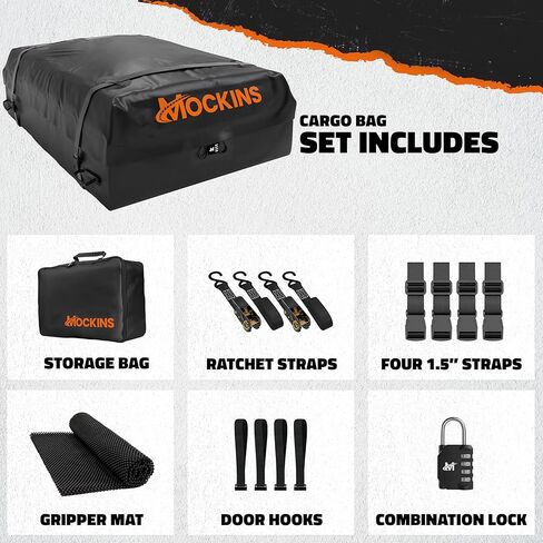 Mockins 25 CuFt Waterproof Rooftop Cargo Bag for Top of Car | 60"x43"x17" All-Weather 840D Vinyl Car Top Carrier Without Roof Rack | No Rack Rooftop Cargo Carrier Bag with Mat, Lock, Hooks & Straps in Kuwait