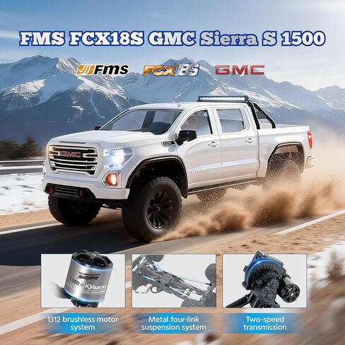 FMS FCX18S جي إم سي سييرا S 1500 RC الزاحف، 1/18 شاحنة RC بدون فرش 4WD للطرق الوعرة، بيك اب جي إم سي مرخص رسميًا مع ناقل حركة بسرعتين، محاور البوابة، التروس المعدنية، هيكل صلب ABS، سيارة RTR RC للبالغين in Kuwait