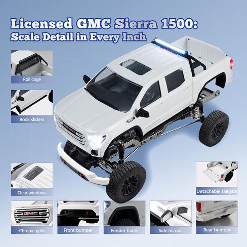 FMS FCX18S جي إم سي سييرا S 1500 RC الزاحف، 1/18 شاحنة RC بدون فرش 4WD للطرق الوعرة، بيك اب جي إم سي مرخص رسميًا مع ناقل حركة بسرعتين، محاور البوابة، التروس المعدنية، هيكل صلب ABS، سيارة RTR RC للبالغين in Kuwait