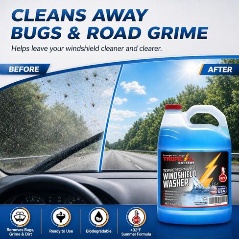 Windshield Washer Fluid, Ready-to-Use Bug Remover, Streak-Free Cleaning Formula, Removes Bugs, Dirt & Road Grime, +32°F, 1 Gallon in Kuwait