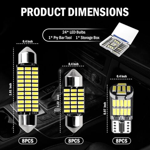 24 قطعة LED مجموعة مصابيح السيارة الداخلية، T10/31 مم/41 مم مصابيح LED للسيارة بديلة داخلية لضوء صندوق السيارة على شكل قبة الخريطة، مصابيح LED عالمية للسيارات الداخلية تناسب معظم السيارات/سيارات الدفع الرباعي in Kuwait
