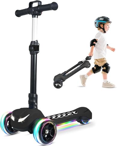 Electric Scooter for Kids Ages 3-12, Full Body Lights Up, Wide Deck, 3 Adjustable Heights, 5MPH Safe Speed, 90min Riding, Foldable 3 Wheel Electric Scooter for Kids Boys Girls Toddler in Kuwait