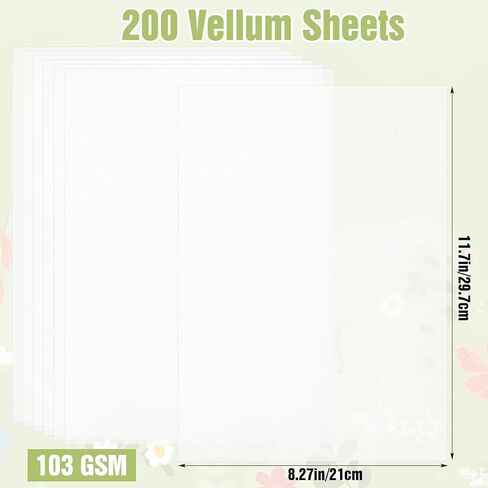 200 ورقة من ورق Vellum الفاخر مقاس 8.3 × 11.7 بوصة، ورق سميك شفاف قابل للطباعة بسمك 103 جرام في المتر المربع للدعوات والأظرف والحرف اليدوية وأحزمة بطن الزفاف والتتبع ومشاريع الطباعة الاحترافية in Kuwait