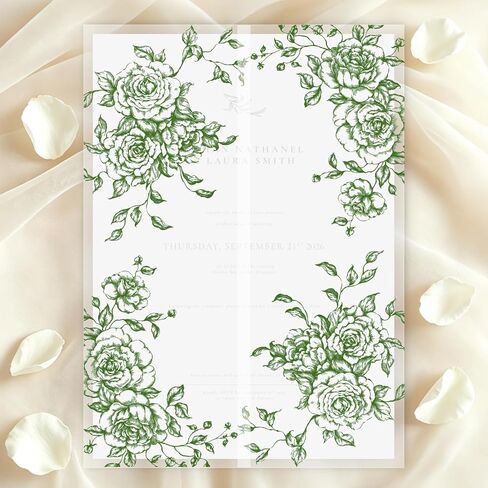 50 Pack Pre-Folded Vellum Jackets for 5x7 Invitations,AZAZA Translucent Invitation Sleeves,115GSM Vellum Jackets 5x7, Wedding Invitation Accessories, for Weddings Birthdays Baby Showers(Sage Green Vintage Roses) in Saudi Arabia