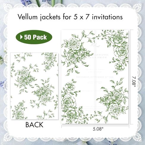 50 Pack Pre-Folded Vellum Jackets for 5x7 Invitations,AZAZA Translucent Invitation Sleeves,115GSM Vellum Jackets 5x7, Wedding Invitation Accessories, for Weddings Birthdays Baby Showers(Sage Green Vintage Roses) in Saudi Arabia