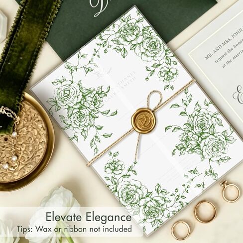 50 Pack Pre-Folded Vellum Jackets for 5x7 Invitations,AZAZA Translucent Invitation Sleeves,115GSM Vellum Jackets 5x7, Wedding Invitation Accessories, for Weddings Birthdays Baby Showers(Sage Green Vintage Roses) in Saudi Arabia