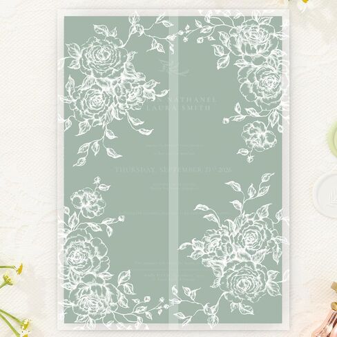 50 Pack Pre-Folded Vellum Jackets for 5x7 Invitations,AZAZA Translucent Invitation Sleeves,115GSM Vellum Jackets 5x7, Wedding Invitation Accessories, for Weddings Birthdays Baby Showers(Sage Green Vintage Roses) in Saudi Arabia