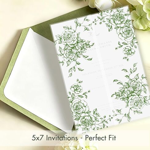 50 Pack Pre-Folded Vellum Jackets for 5x7 Invitations,AZAZA Translucent Invitation Sleeves,115GSM Vellum Jackets 5x7, Wedding Invitation Accessories, for Weddings Birthdays Baby Showers(Sage Green Vintage Roses) in Saudi Arabia
