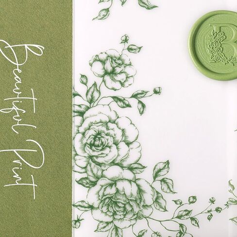 50 Pack Pre-Folded Vellum Jackets for 5x7 Invitations,AZAZA Translucent Invitation Sleeves,115GSM Vellum Jackets 5x7, Wedding Invitation Accessories, for Weddings Birthdays Baby Showers(Sage Green Vintage Roses) in Saudi Arabia