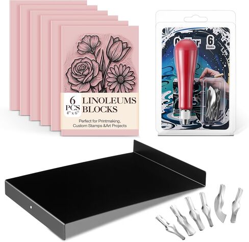 Linocut Kit with 6 Pcs Linoleum Blocks for Printmaking, Premium Stamp Carving Tools, Bench Hook and Inking Plate, Soft Rubber Linocut Block, Stamp Making Kit for Kids, Beginners, DIY Crafts, Artists in Kuwait