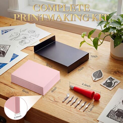 Linocut Kit with 6 Pcs Linoleum Blocks for Printmaking, Premium Stamp Carving Tools, Bench Hook and Inking Plate, Soft Rubber Linocut Block, Stamp Making Kit for Kids, Beginners, DIY Crafts, Artists in Kuwait