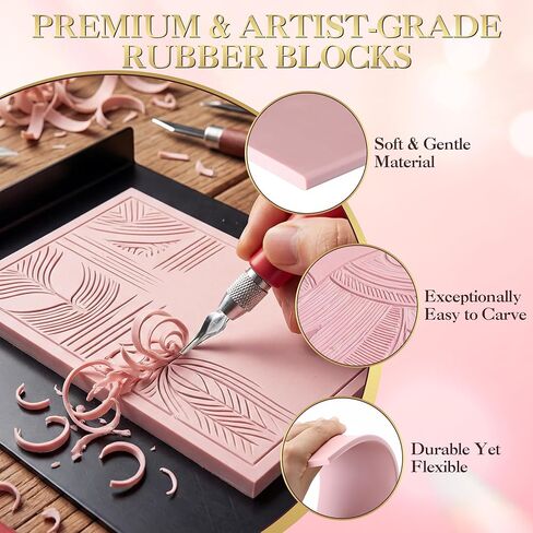 Linocut Kit with 6 Pcs Linoleum Blocks for Printmaking, Premium Stamp Carving Tools, Bench Hook and Inking Plate, Soft Rubber Linocut Block, Stamp Making Kit for Kids, Beginners, DIY Crafts, Artists in Kuwait