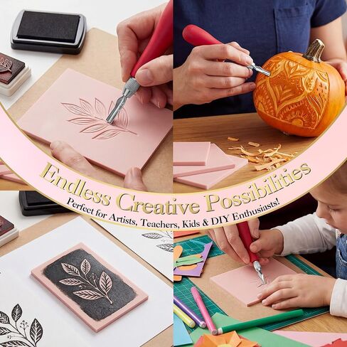 Linocut Kit with 6 Pcs Linoleum Blocks for Printmaking, Premium Stamp Carving Tools, Bench Hook and Inking Plate, Soft Rubber Linocut Block, Stamp Making Kit for Kids, Beginners, DIY Crafts, Artists in Kuwait