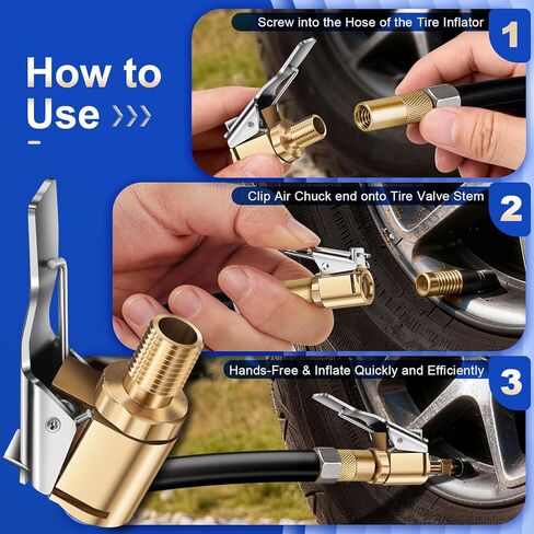 4-Pack Premium Air Chuck Quick Connect, Brass Locking Tire Air Chuck With Clip Adapter 8mm, No Leakage Air Compressor Pump Clip-On Tire Chucks, Compatible with Schrader Valve in Kuwait