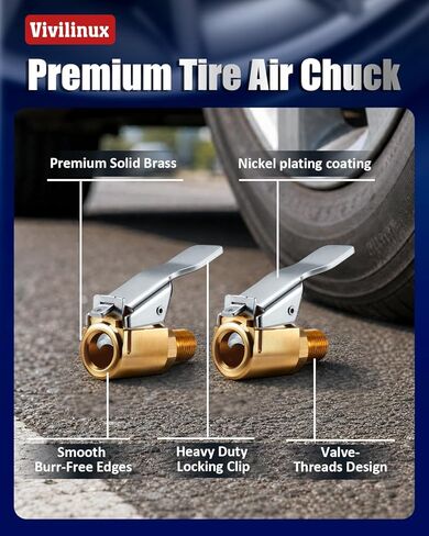 2Pcs Tire Air Chuck with Clip Adapter, Brass Locking Tire Inflator Nozzle Connect, Suitable for Tire Inflator and Air Compressor Pump Connection Accessory Tool, Valve Thread 8mm in Kuwait