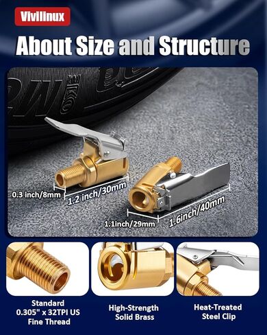 2Pcs Tire Air Chuck with Clip Adapter, Brass Locking Tire Inflator Nozzle Connect, Suitable for Tire Inflator and Air Compressor Pump Connection Accessory Tool, Valve Thread 8mm in Kuwait