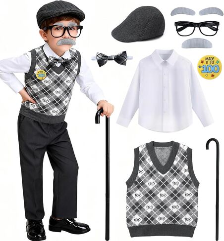 G.C Kids Old Man Costume for Boys 2-8, Grandpa Dress Up Kit with Beret Hat, Cane, Bow Tie & Suspender in Saudi Arabia
