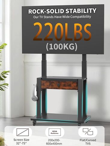 Rolling TV Stand with Fabric Drawer for 32-75 Inch Flat/Curved Screen Adjustable Height LCD/LED/OLED with Storage Mobile TV Cart on Wheels up to 220lbs for Home Office Outdoor Max VESA 600x400mm in Kuwait