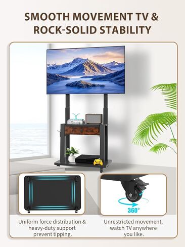 Rolling TV Stand with Fabric Drawer for 32-75 Inch Flat/Curved Screen Adjustable Height LCD/LED/OLED with Storage Mobile TV Cart on Wheels up to 220lbs for Home Office Outdoor Max VESA 600x400mm in Kuwait