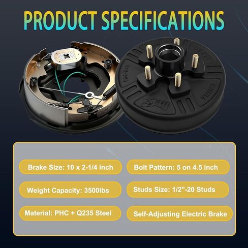dreamdragon 3500 lbs Trailer Axle Electric Brake Kit, 5-Hole 4.5" Bolt Circle Brake Drum with 10" x 2 1/4" Self-Adjusting Electric Brakes, Replacement 10" Brake Hub Drum Assembly, 1/2''-20 Studs in Kuwait
