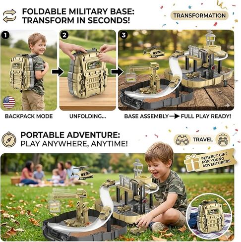 مجموعة حقيبة الظهر Army Toys مع حزام قابل للتعديل، لعبة مركز القيادة التكتيكية 2 في 1 القابلة للتشوه مع مسارات المركبات ورافعة دوارة، مجموعة لعب قاعدة عسكرية محمولة، هدية للأولاد من سن 3 سنوات فما فوق in Kuwait