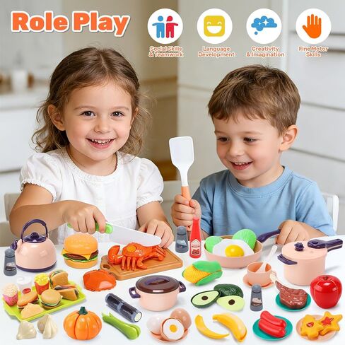 CUTE STONE أكثر من 70 قطعة من إكسسوارات المطبخ التي يلعب بها الأطفال، ألعاب الطبخ التظاهري مع طعام قابل للنزع والقطع، وأدوات الطبخ، وأدوات المائدة والأواني، وسلة التسوق، وصينية، وهدية تعليمية للفتيات والفتيان in Kuwait
