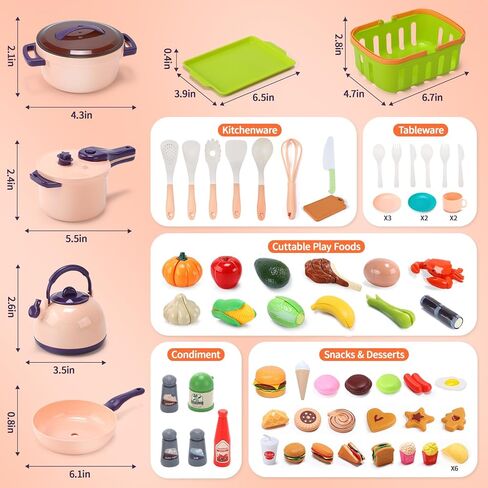 CUTE STONE أكثر من 70 قطعة من إكسسوارات المطبخ التي يلعب بها الأطفال، ألعاب الطبخ التظاهري مع طعام قابل للنزع والقطع، وأدوات الطبخ، وأدوات المائدة والأواني، وسلة التسوق، وصينية، وهدية تعليمية للفتيات والفتيان in Kuwait