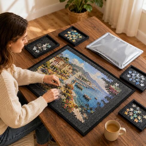 Puzzle Board with 4 Sorting Trays & Protective Cover, Portable Foldable Felt Puzzle Playing Surface for 1000-Piece Puzzles Lightweight Storage & Game Night Organizer in Kuwait