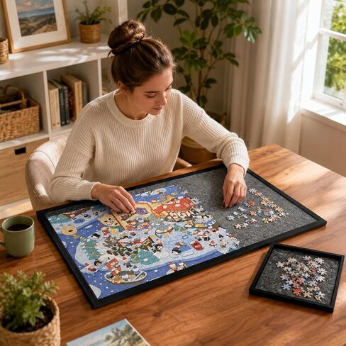 Puzzle Board with 4 Sorting Trays & Protective Cover, Portable Foldable Felt Puzzle Playing Surface for 1000-Piece Puzzles Lightweight Storage & Game Night Organizer in Kuwait