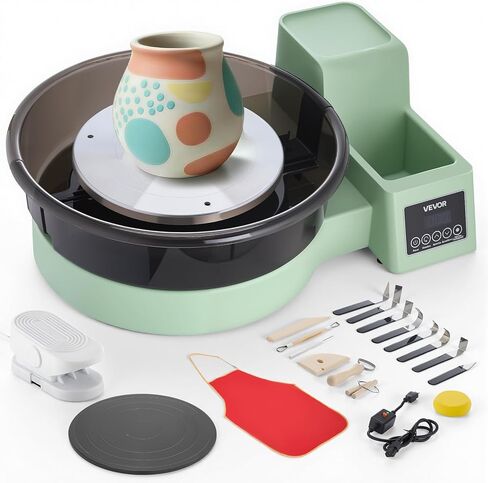 VEVOR Pottery Wheel for Adults, 14" and 11" Turntables, 450W Electric Table Top Pottery Wheel with Foot Pedal, 30-300 RPM Adjustable Speed, Detachable Basin, for Beginners, DIY Clay Art Craft, Green in Saudi Arabia