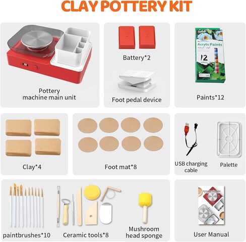 Skirfy Pottery Wheel for Kids Adults,Complete Pottery Set for Beginners with 6.3" Turntable with Two-Way Rotation,Craft Kits Toys Birthday Gifts for Boys Girls(Red) in Kuwait