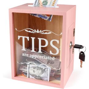 Yamahiko Wooden Tips Jar Tip Collection Box with Lock 6 x 4¾ x 7¾ Inch Money Coin Storage Container Donation Collection Suggestion Raffle Cash Box Jar for Restaurants Musicians Bartender Bars, Pink in Saudi Arabia