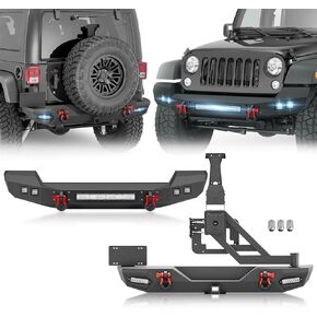 YZONA لمصدات JL الأمامية والخلفية متوافقة مع 2018-2026 Jeep Wrangler JL JLU Unlimited (2/4 أبواب) مع لوحة ونش، ودعامة لوحة الترخيص، ومستقبل وصلة 2 بوصة، ومصابيح LED، وفتحات مصابيح الضباب وحلقات على شكل حرف D in Kuwait